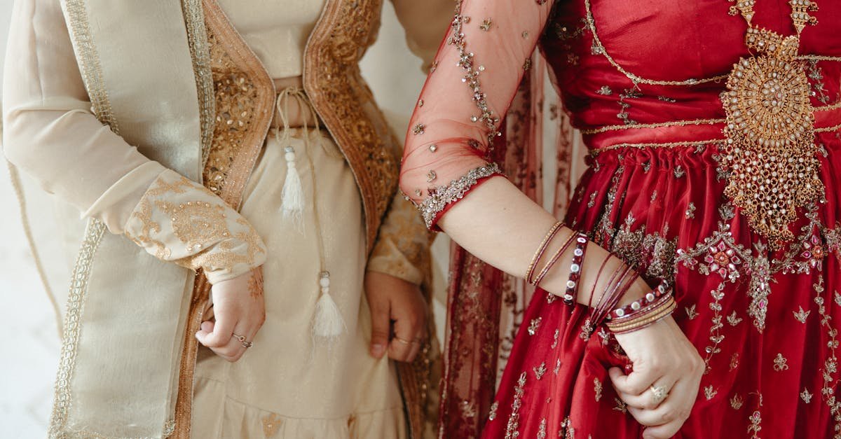 Close-up of women in traditional attire showcasing ornate embroidery and jewelry.
